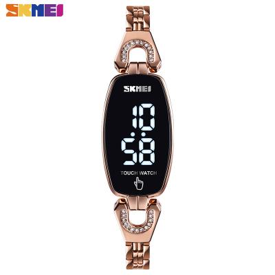 China 1588 Automatic Date SKMEI LED Touch Women Watches Fashion Diamond Slim Digital Women Wristwatches Stainless Steel Strap Waterproof Watch for sale