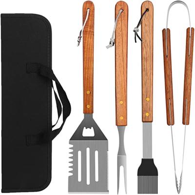 China Bestselling Easily Cleaned Wood Handle Stainless Steel BBQ Tools Grill BBQ Accessories Tool Kit for sale