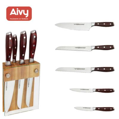 China 5pcs Disposable Non Stick Cooking Stainless Steel Knife Kitchen Knife Set With Wooden Stand for sale