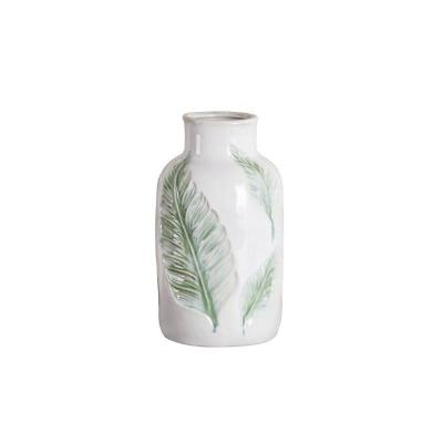 China exquisite & Wholesale Durable Modern Luxury Simple Home Hotel Opens Green Leaves Desktop Pattern Ornaments Hydroponic White Ceramic Vase for sale