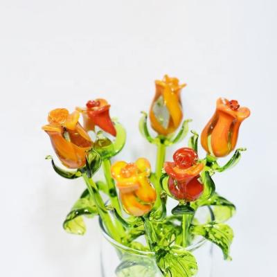 China Wholesale Europe Valentine's Day Exquisite Wedding Opens Gift Handmade Long Stem Glass Roses Flower - Orange for sale