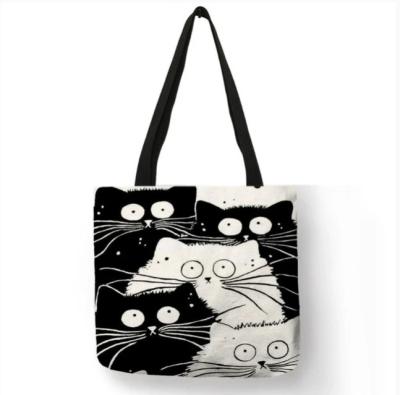 China Animal Type Printed Flower Cat Cartoon Reusable Cotton Canvas Tote Grocery Shopper Goods 14 Designs Customized Bag for sale