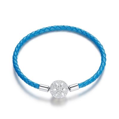 China FASHIONABLE Single Layer Blue Leather Rope Bracelet S925 Woven Bracelet Zirconia Bead Leather Bracelet for sale