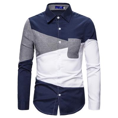 China European and American 100% Polyester Men's Color Contrast Youth Casual Shirt Men's Long Sleeve Shirt for sale