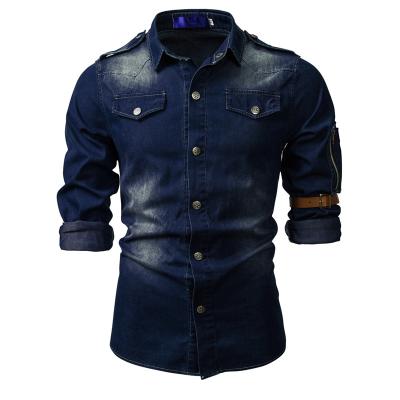 China Placket Men's Tilted Placket Men's Denim Shirt 100% Polyester Washed Casual Long Sleeve Shirt for sale