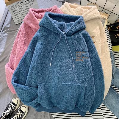 China Hooded Plus Windproof Fleece Padded Lambswool Sweater Women's Furry Sweater for sale