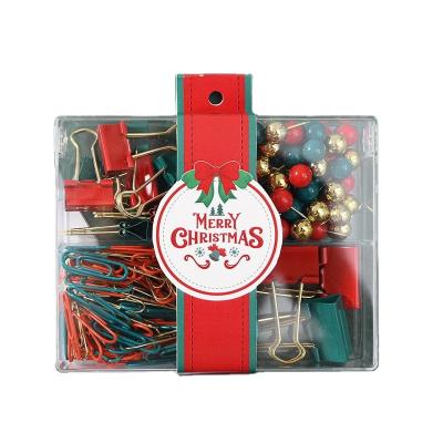 China Cultural And Creative Christmas Grid Box Four Pushpin Clip Paper Clip Long Tail Waist Green Gold Box Christmas Day Gift Set Student Supplies for sale