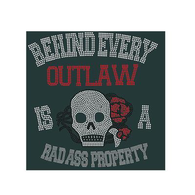 China Wholesale Custom Design Flatback Hotfix Rhinestones Behind Every Outlaw Is Lit A Radass Property Skull Rhinestone Iron For Apparel T-Shirt for sale