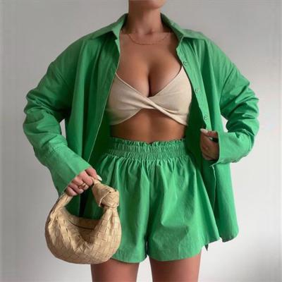 China Wholesale QUICK DRY QUICK DRY Office Green Summer Sleeve Long Shirts Casual Teams High Waisted Shorts Set Two Piece Set for sale