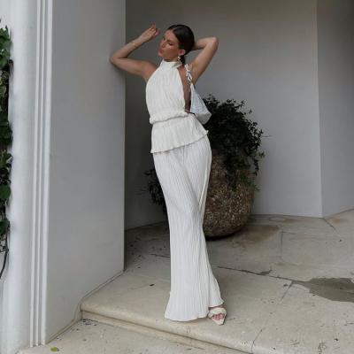 China Fashionable Elegant Pleated White Anti-Wrinkle Halter Tank Top Anti-Wrinkle 2 Piece Sets Lounge Loose Wear Wide Leg Pants Two Piece Set for sale