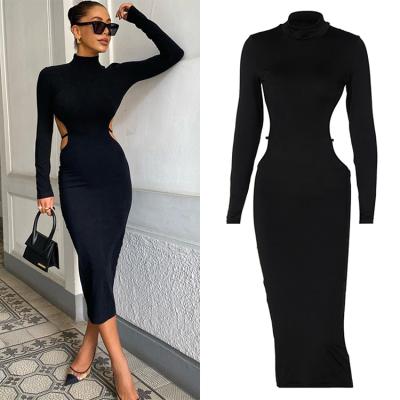 China Autumn Long Dresses Breathable Backless Black Sexy Women Midi 2022 Spring Women Clothing Turtle Neck Cavity Long Sleeve Breathable Women for sale