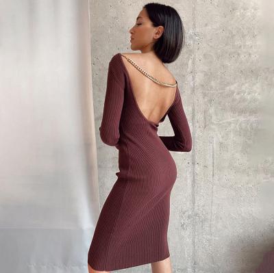 China Anti-Wrinkle Newcomers Anti-Wrinkle Newcomers Brown Knitted Casual Long Sleeve O Neck Dress Sexy Solid Dresses Backless Bodycon Dress With Chains for sale