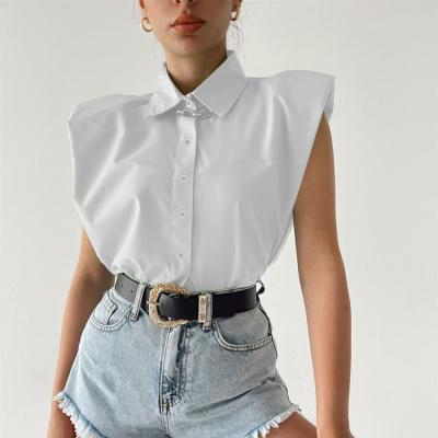 China Anti-pilling office casual anti-pilling fast fashion female clothing turn down collar white shirt loose sleeveless women blouses for sale