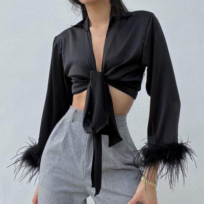 China 2022 New Design Breathable Spring Black Lace Up Elegant Satin Blouses Women Sexy Feather Sleeve Crop Tops Long Sleeve for sale