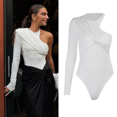 China New Autumn 2021 Breathable Chic Female Clothing One Sleeve Sexy Tops Ruched Elegant White Long Sleeve Overalls For Women for sale