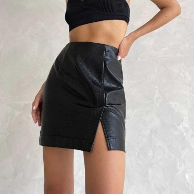 China 2021 Anti Static Anti Static New Get Streetwear High Waist Falda Black PU Leather Khaki Slit Skirts Mini Womens Skirts Black Sexy for sale