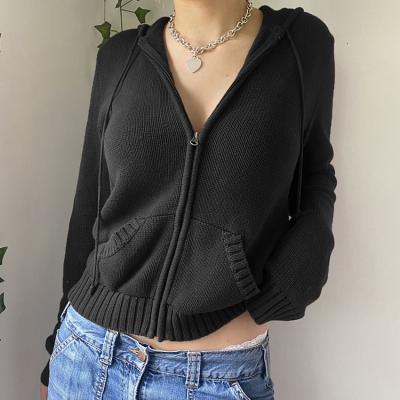 China Instock Brown Breathable Thin Zipper Knitted Solid Cardigan Winter Hoodies Sweaters Women Tops for sale