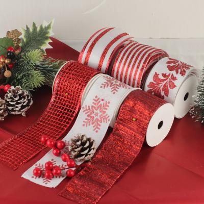 China Customer Acceptable Polyester RIBBON Xmas Wire Ribbon Wire Ribbon Xmas RIBBON Print Leopard Print Gold Foil CHRISTMAS Ribbon Logo Logo Decoration for sale