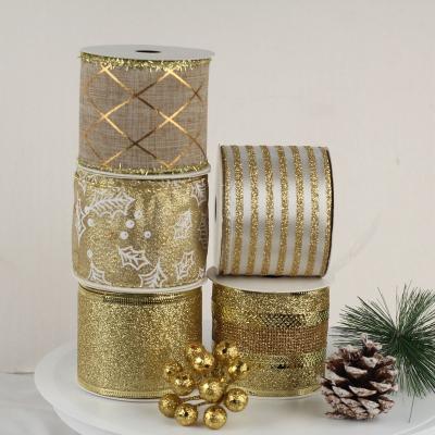 China CHRISTMAS Wide Satin Glitter Gold Wire Ribbon Gold Edge Ribbon Christmas Yarn Ribbon for Decoration for sale