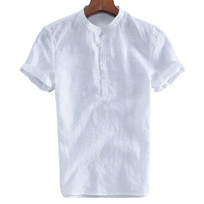 China Custom Made Summer 2021 OEM Men's Anti-pilling Shirts Casual Canvas Material Tops Short Sleeve Cotton Thin Canvas Shirt for sale