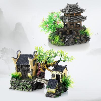 China Decorate Aquarium Landscaping Resin Crafts House Rock Garden Decoration Jiangnan Hut Water Town Yunhe Tower for sale