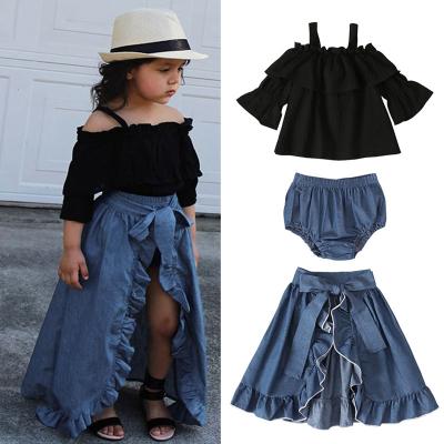 China Boutique Casual Fashion 3 Piece Suit Denim Clothing Sets Girls Skirts Black Puff Sleeve Summer Designs Ruffle Kids Baby Casual for sale