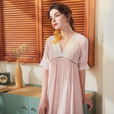 China 2020 new spring lace vintage soft cotton oversized QUICK DRY V neckline long sleepwear women's white nightgown for sale