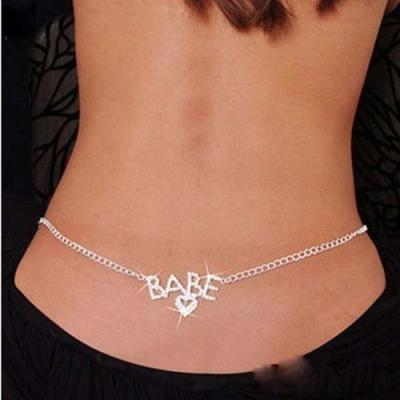 China Lower Back Belly Chain Body Jewelry Summer Prom Dance Religious Sparkly Heart Rhinestone Crystal BABE Letter for sale