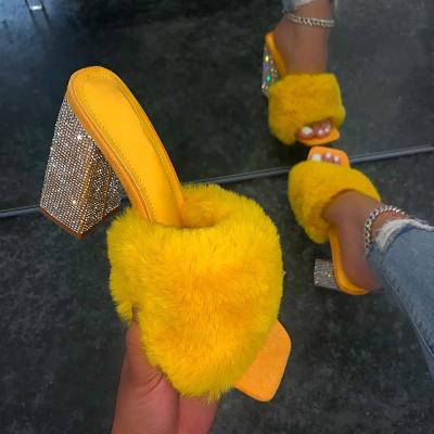 China 2022 New Design Anti-Smell Women Fur Sandals Rhinestone Heels Ladies Slip On Fluffy Fur Square Toe Women High Heel Sandals for sale