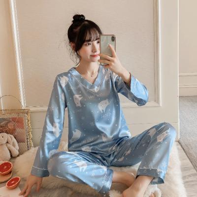 China Pure silk satin ladies pajamas V-neck pajamas women XL 2xl two-piece suit pants home long sleeve loose silk QUICK DRY service for sale