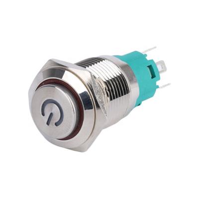 China 16mm 12V LED Head Car Boat 5 Power Symbol Metal Round Nickel Plated Brass Momentary Pins Push Button Switch High for sale