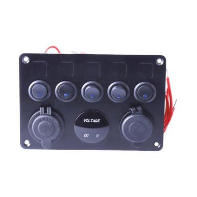 China Dual USB Charger Multifunctional Digital Voltmeter 12V Outlet Rocker Boat Boat Band 5 Gang Switch Panel Prewired With Circuit Breakers For Car for sale