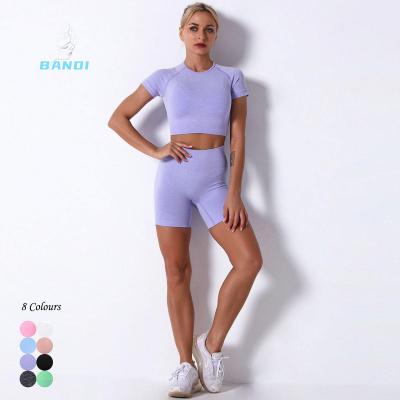 China Breathable 2023 Summer 2 Piece Women Highwaist Short Sleeve T-Shirt And Shorts Fitness Work Out Sportswear Yoga Set for sale