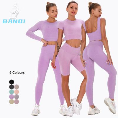 China Breathable Custom Logo Women 2023 Fitness Long Sleeve And Leggings Pink Gym Clothing Workout Seamless Ribbed Yoga Set for sale