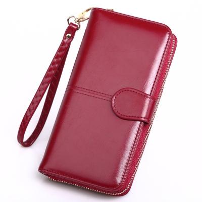 China Waterproof Women Long Zipper Oil Wax Wallet Big Capacity Hasp Zipper Purse Ladies Long Wristlet Clutch Coin Card Holders for sale