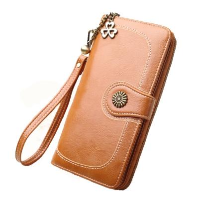 China Waterproof Women's Wallet Card clamp New Oil Wax Leather Handbag Long Zipper tri-fold Mobile Phone Bag Clutch Document Package USD Wallet for sale