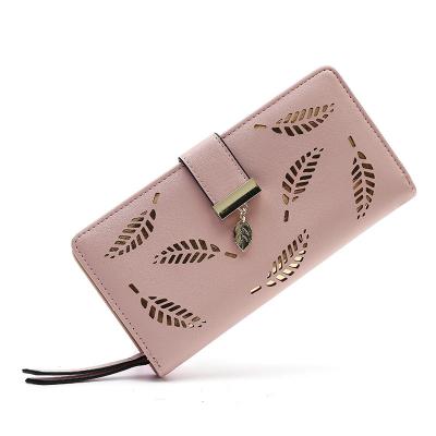 China Waterproof Women's Long short Hollow Out Leaf Leather Money Clip Card Case Holder Purse Zipper Buckle Elegant Clutch Wallet for sale