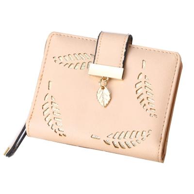 China Waterproof Women's Short Purse Leather Medium Wallet Leaf Bifold Card Coin Holder Small Purses Buckle Zipper Clutch for sale