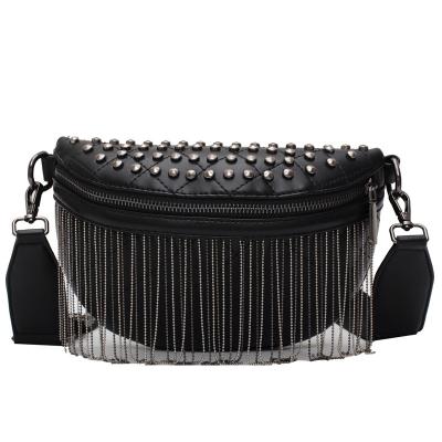 China Water proof Rivet Studded Zipper Pocket Shoulder Purse Rave Festival Fanny Bag Purse Chest Bag, Faux Leather Waist Pack For Women Black for sale