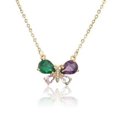 China Fashionable Women's 18K Gold Jewelry Brass Colorful Zircon Exquisite Butterfly Pendant Necklace for sale