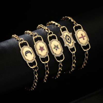 China Hot Selling CLASSIC Brass Zircon Slide Adjustable Devil's Eye Jewelry 18K Gold Heart Cross Bracelet for sale