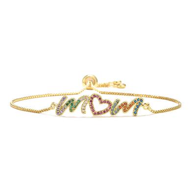 China Hot Selling MOM Letter Slide Adjustable Bracelet Brass Colored Zircon Jewelry 18K Gold INS Mother's Day Gift TRENDY for sale