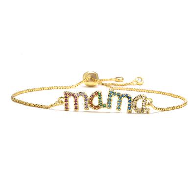 China Hot Selling Slide Adjustable Mom Letter Bracelet CLASSIC Gift Mother's Day Jewelry 18K Gold Brass Colored Zircon Bracelet for sale