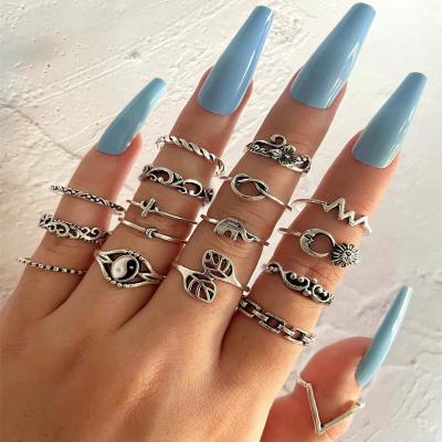 China Fashion Women's Vintage Silver Moon Knuckle Ring Set 17pcs Yin Yang Leaf Flower Elephant Sun for sale