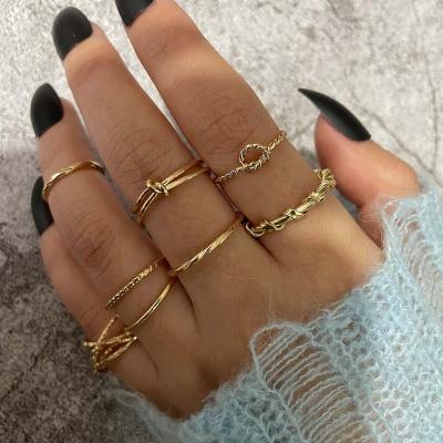 China TRENDY Women's Fashion Gold Ring Set 7pcs Silver Bow Knotted Multi-circle Style Bohemian Ring Set Personality for sale