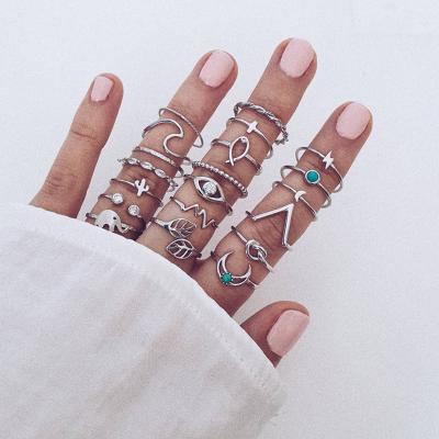 China Trendy Women's Fashion Open Wave Bohemian Turquoise Sun Starfish Arrow Knuckle Fishtail Ring Set 19pcs for sale