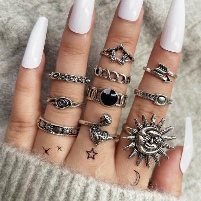 China FASHIONABLE Women Fashion Round Arrow 10pcs Sun Star Flower Fox Oil Drop Ring Set Silver for sale