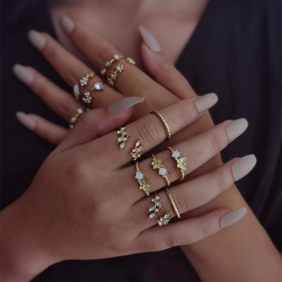 China FASHIONABLE Women Shape To Ring Butterfly Flower Leaf Rhinestone 13pcs Geometric Ring Set for sale