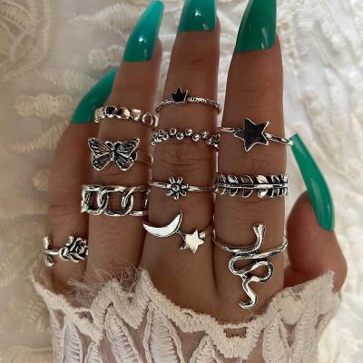 China TREND Women Silver Fashion Ring Set of Ring Snake Branch Rose Polka Dot Star Moon Butterfly Crown 11pcs for sale