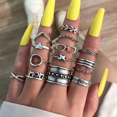 China TRENDY Women Shape Rings Personality Glass Stars MOM Leaves Cross Vintage Silver 14pcs Sets Joint Ring Sets for sale